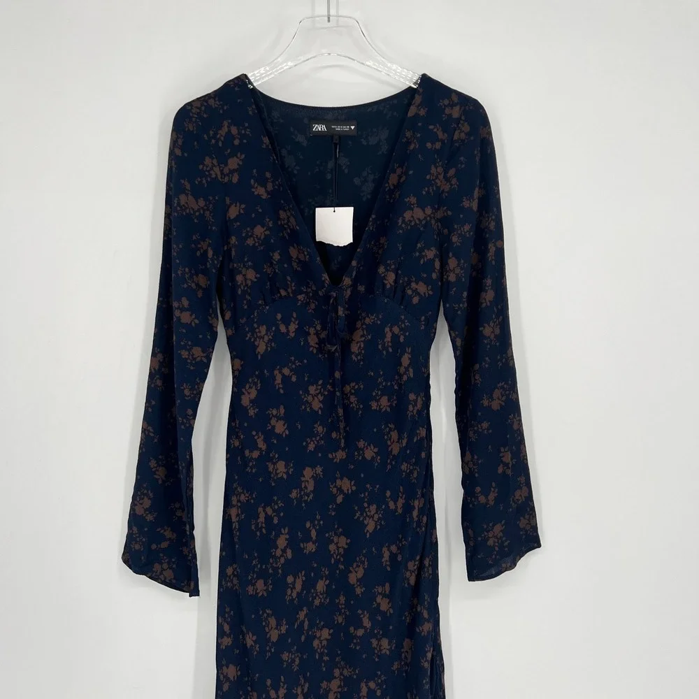 Zara Midi Dress Womens S Blue Floral‎ Blogger Favorite Boho Dark Blue